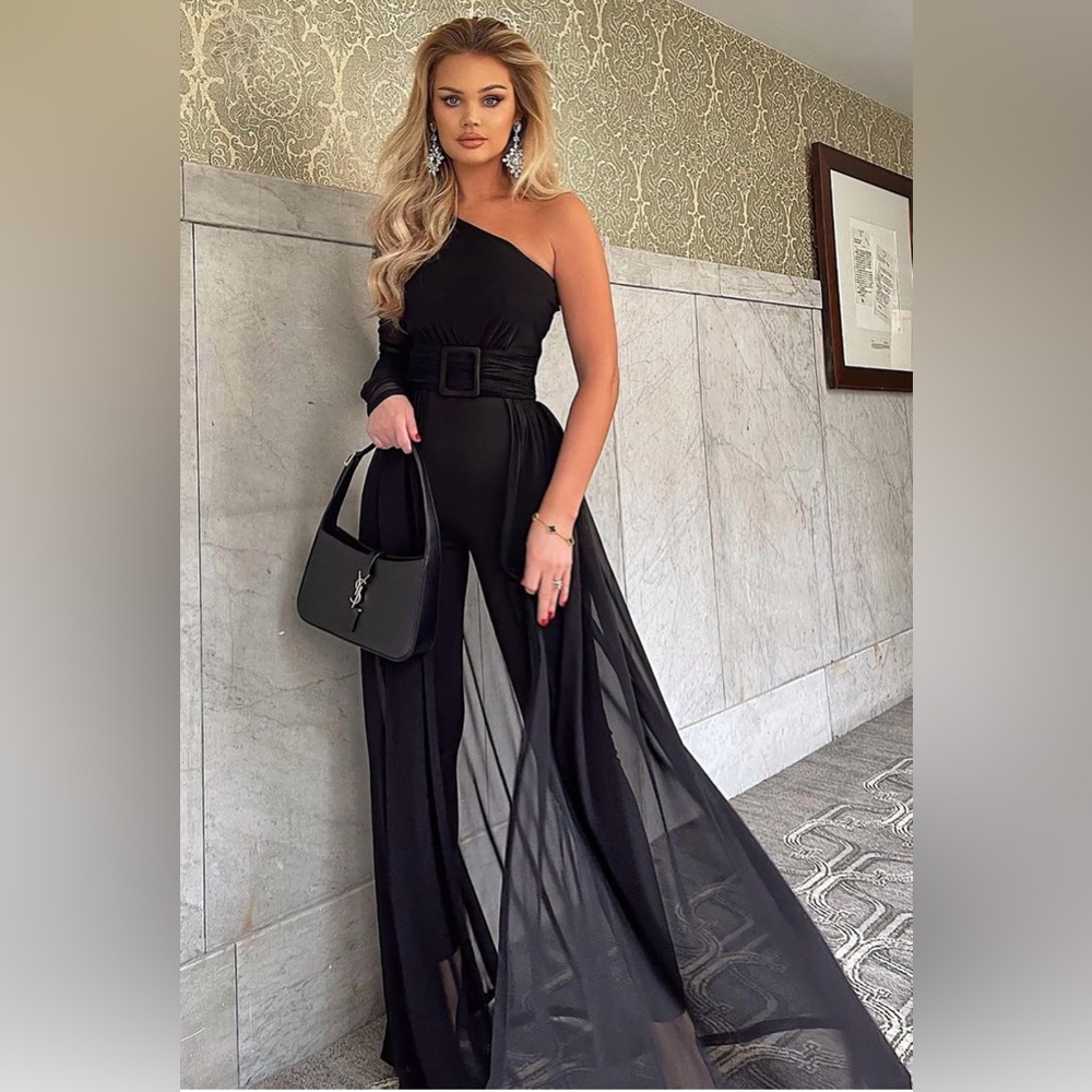 Elegant Black One-Shoulder Mesh Jumpsuit